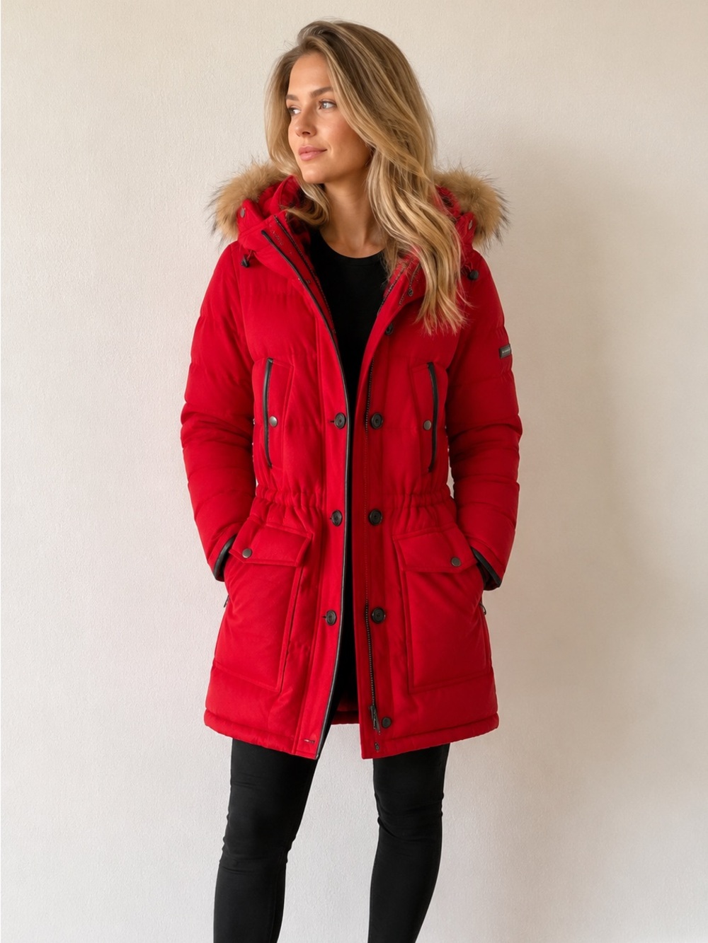 Burberry Red Wool & Cashmere Blend Down Parka with Fur Trim Hood .